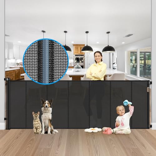 Reinforced Bottom 42" Extra Tall x 100" Extra Wide Retractable Baby/Pet Gate - Black Mesh - Wall Mount - Suitable for Babies, Dogs, Cats (6-24 months) - HH-A126 - color: Black, size: 42" Tall x 100" Wide（ With Reinforced Bar ）