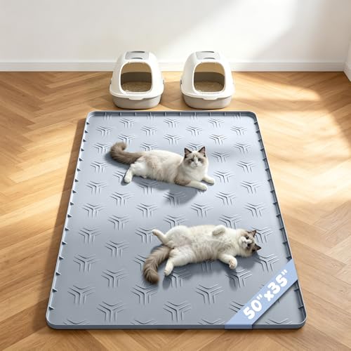 JUJOMAT Cat Litter Box Mat, 50"×35" Large Silicone Cat Litter Trapping Mat Non-Slip Gray Kitty Litter Mat for Indoor Cats, Waterproof Pet Food Mats Easy to Clean & Soft on Kitty Paws - size: 50"L x 35"W