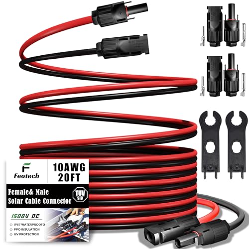 Twin Wire 20FT Solar Extension Cable - 10AWG (6mm²) Solar Panel Connector, with IP67-Male/Female Solar connectors for Outdoor Automotive RV Boat Marine Solar Panel- Black & Red - color: No Sheath, size: 20Ft - 10AWG