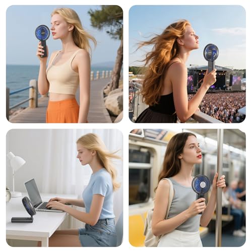 HandFan Upgraded 10,000 mAh Quiet Handheld Fan - 4.5 Inch Large Hand Held Fans Reahargeable, 180° Foldable Portable Fan [30 Working Hours] with Lanyard, Base for Disney/Travel/Concerts/Beach/Office - color: Blue‑Blade Black‑10000mAh