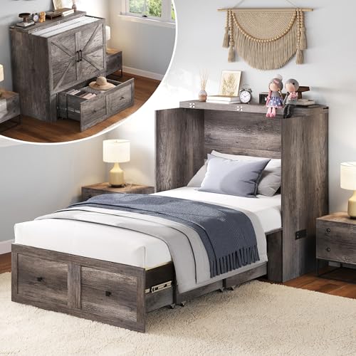 LUXOAK Twin Murphy Bed with Built-in Charging Station and Storage Drawer, Farmhouse Foldable Cabinet Bed for Guest Room, Apartment or Home Office, Rustic Grey - color: Rustic Grey, size: Twin