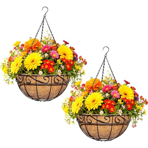 2 Pack 12 Inch Metal Outdoor Hanging Baskets Black Heavy Duty Hanging Planters with Coco Liners for Indoor Outdoor Plants Gardens Patios Terraces（Lace） - color: Lace