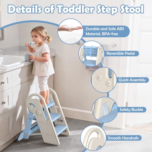 Onasti Toddler Step Stool with Handles, Adjustable Kids Stool Converts from 3-Step to 2-Step, Non-Slip and Anti-Tip Design for Safer Potty Training, Bathroom Sink and Kitchen Counter- Blue - color: Baby Blue