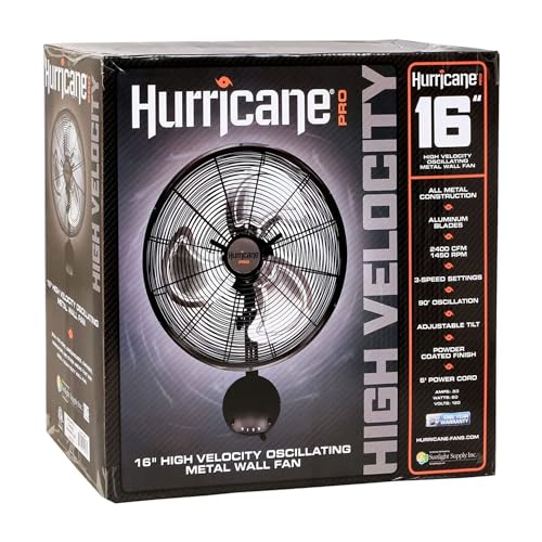 Hurricane 16" High Velocity Pro Oscillating Metal Wall Mount Fan w/ 3 Speeds, Black - Corded Electric Air Cooling Unit w/Powerful 2400 CFM Airflow for Home, Garage, Gym, Workshop & Greenhouse - style: 16" High Velocity