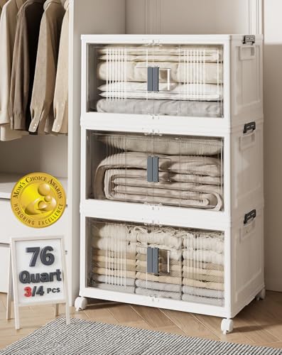 OlarHike 76QT Lockable Storage Bins with Lids - Folding Storage box with Doors & Wheels, Stackable Organizers, Collapsible Plastic Bins for Home, Closets, Office, Dorm, School, Gifts, 3 Pack Cubes - size: 76QT-White, style: 3Pack