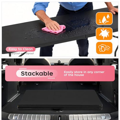 FDW 8FT Folding Table, Portable Fold-in-Half Plastic Picnic Party Table with Carrying Handle (Black, 8FT) - color: Black, size: 8 FT 94"x29"