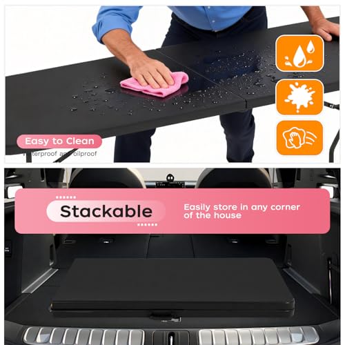 FDW 8FT Folding Table, Portable Fold-in-Half Plastic Picnic Party Table with Carrying Handle (Black, 8FT) - color: Black, size: 8 FT 94"x29"