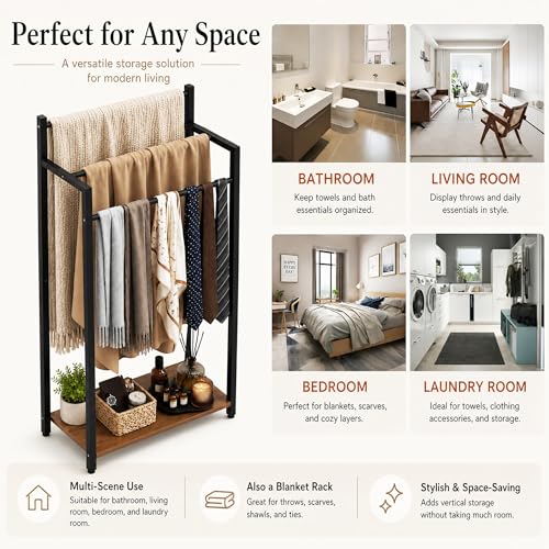 Freestanding Towel Rack, 3 Tier Blanket Ladder Stand with Rustic Brown Wooden Shelf for Bathroom Living Room (31.5" H x 16.9" W x7.9 D) - color: Rustic Brown, size: 31.5"H x 16.9"W x7.9"D