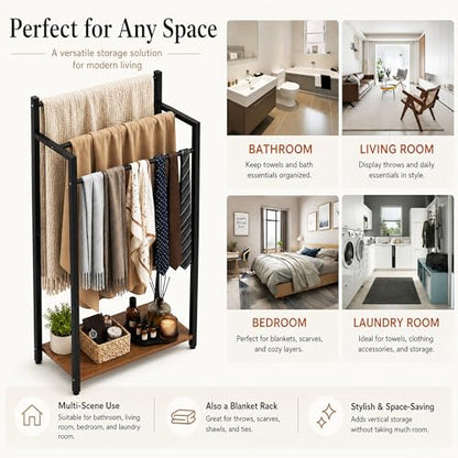 Freestanding Towel Rack, 3 Tier Blanket Ladder Stand with Rustic Brown Wooden Shelf for Bathroom Living Room (31.5" H x 16.9" W x7.9 D) - color: Rustic Brown, size: 31.5"H x 16.9"W x7.9"D