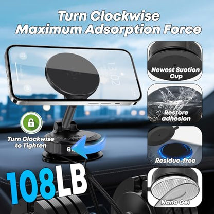 Car Phone Mount [108 LBS Strongest Suction & 3600 gf Strongest Magnetic] 360° Adjustable Magnetic Car Phone Holder for Car/Mirror/Smooth Surface,iPhone 17 Pro Max 16 15 14 Plus
