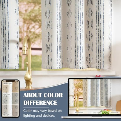 jinchan 95% Blackout Boho Kitchen Curtains 24 Inches Cafe Tier Curtains Bohemian Small Drapes for Bedroom RV Basement Half Window Room Darkening Thermal Insulated 2 Panels Blue on Beige - color: 95% Blackout | Blue on Beige, size: 25"W x 24"L (Pack of 2)