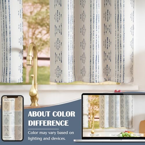 jinchan 95% Blackout Boho Kitchen Curtains 24 Inches Cafe Tier Curtains Bohemian Small Drapes for Bedroom RV Basement Half Window Room Darkening Thermal Insulated 2 Panels Blue on Beige - color: 95% Blackout | Blue on Beige, size: 25"W x 24"L (Pack of 2)