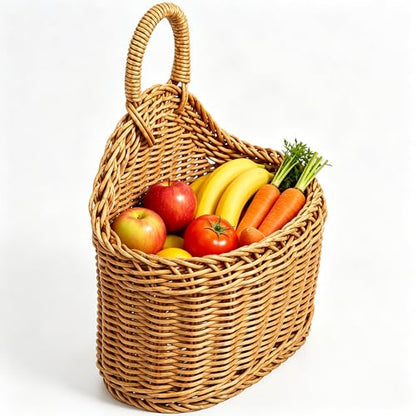Toyvian Wall Hanging Woven Basket, Boho Plastic Rattan Storage Bin for Garlic Ginger Onion Decorative Farmhouse Wall Basket for Kitchen Pantry Bathroom Garden Washable, 9.6x7.5inch