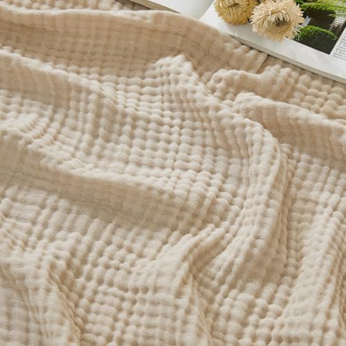 EMME Cotton Muslin Large Throw Blanket Couch Breathable Gauze Soft Lightweight Bed Blankets Adults (Heather Beige, 50"x70") - color: 03 - Beige, size: Large Throw (50" X 70")