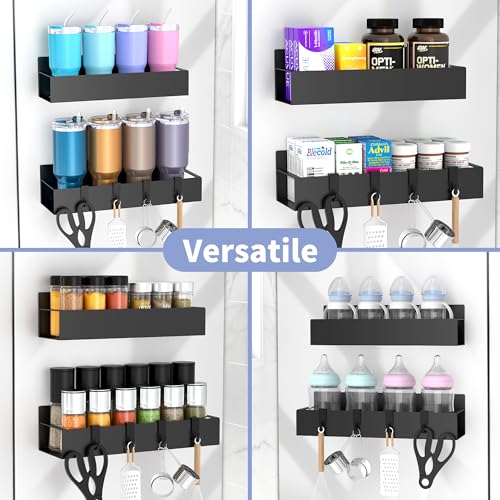 Magnetic Spice Rack for Refrigerator with Hooks, Magnetic Fridge Storage Organizer for Water Bottle, Magnetic Stanley Cup Holder for Kitchen, Black, 2 Pack