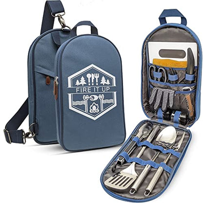 BOMKI Grilling & Camping Cooking Utensils Set - BBQ & Camping Kitchen Set with Case - style: Blue Lite