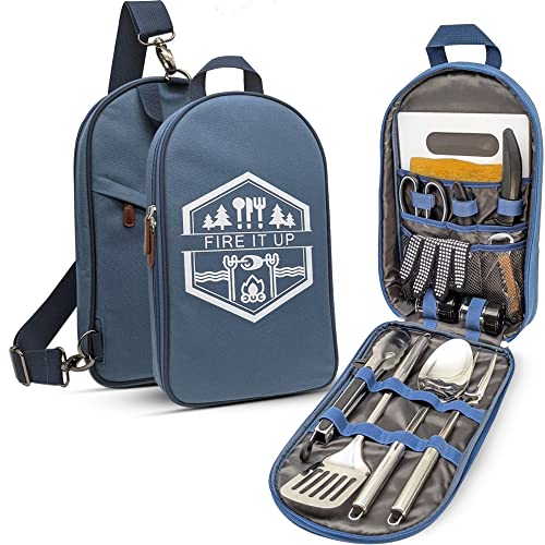 BOMKI Grilling & Camping Cooking Utensils Set - BBQ & Camping Kitchen Set with Case - style: Blue Lite