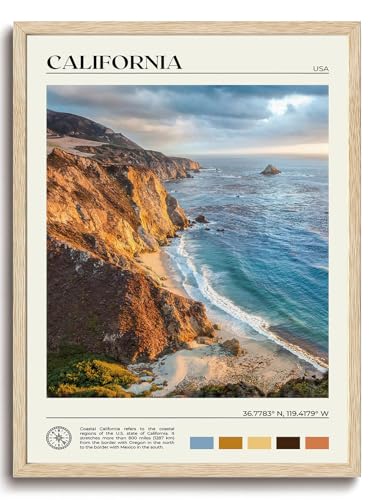 KISSFOX OAK Wood Framed Wall Art California Wall Decor Coastal Canvas Art Landscape Pictures Mountain Paintings Travel Posters Aesthetic Artwork For Bedroom Office Living room - color: California, size: 12x16 Wood