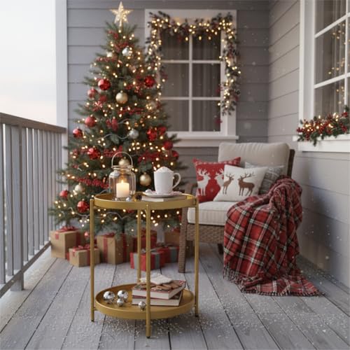danpinera 2-Tier End Table, Outdoor Side Table Metal Round Side Table with Removable Tray, Small Folding Accent Table, Anti-Rust Nightstand for Bedroom Balcony Patio Living Room (Gold) - color: Gold