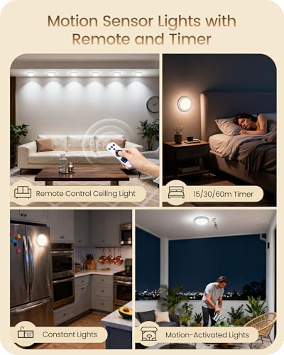 Rechargeable Motion Sensor Ceiling Light with Remote, Wireless Ceiling Light Battery Operated, No Wiring, Magnetic, Dimmable Shower Light, Timer, 3 Color 6000K, Rechargeable Light for Closet Hallway - style: 3 Color Temperatures
