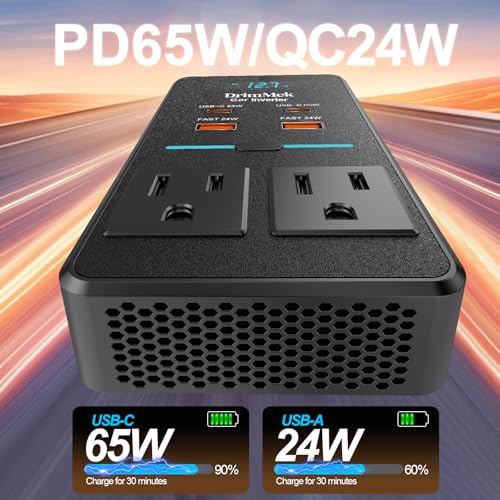 300W Car Power Inverter 12V to 110V Car Outlet Adapter | 65W USB-C Fast Charging for Laptops, LED Display.