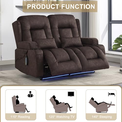 URRED Power Loveseat Recliner Sofa with Massage and Heat, Wall Hugger Reclining Loveseat, RV Couch Home Theater Seating with LED Lights for Living Room (Brown, 54" - 2 Seats) - color: Brown, size: 54" - 2 Seats