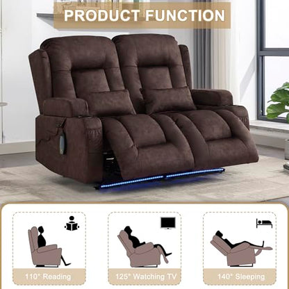 URRED Power Loveseat Recliner Sofa with Massage and Heat, Wall Hugger Reclining Loveseat, RV Couch Home Theater Seating with LED Lights for Living Room (Brown, 54" - 2 Seats) - color: Brown, size: 54" - 2 Seats
