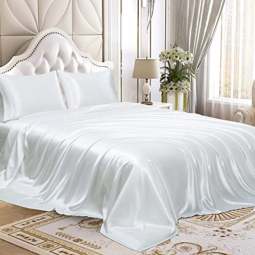 Homiest 3pcs Satin Sheets Set Luxury Silky Satin Bedding Set with Deep Pocket, 1 Fitted Sheet + 1 Flat Sheet + 1 Pillowcase (Twin XL Size, White) - color: White, size: Deep pocket - Twin XL size