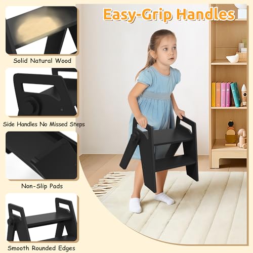 Wooden 2 Step Stool for Toddler Kids Bathroom Foldable 2-Step for Toilet Potty Training, Child Stepping Stool for Kitchen Nursery Bedroom - color: Black
