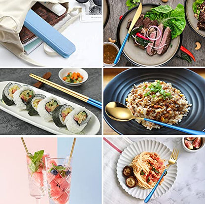 AARAINBOW 6 Pieces 18/8 Stainless Steel Flatware Set Portable Reusable Cutlery Set Travel Utensils Set Including Chopsticks Knife Fork Spoon Straws Cleaning Brush Dishwasher Safe (Blue golden) - color: Blue golden