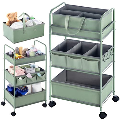 Honeydak 2in1 Baby Diaper Caddy Organizer Cart 3 Tier Large Capacity Metal Utility Bedside Rolling Cart with Divider Newborn Registry Nursery Essential Must Have Crib Bedroom Baby Shower(Green) - color: Green