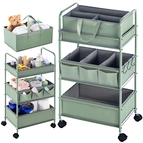 Honeydak 2in1 Baby Diaper Caddy Organizer Cart 3 Tier Large Capacity Metal Utility Bedside Rolling Cart with Divider Newborn Registry Nursery Essential Must Have Crib Bedroom Baby Shower(Green) - color: Green