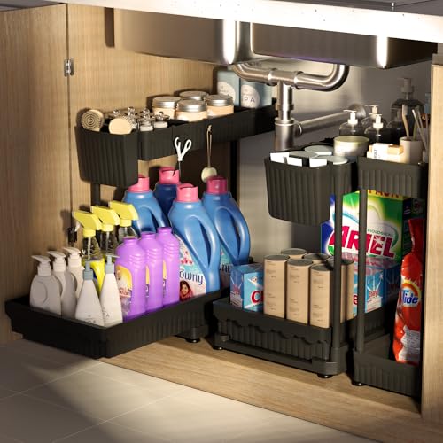 Sevenblue 3 Pack Multi-Purpose Pull-Out Storage Organizers, 2-Tier L-Shaped Under Sink/Cabinet Organizers and Storage for Bathroom & Kitchen,Black,14.85 Inch - color: Black, size: 14.85 Inch