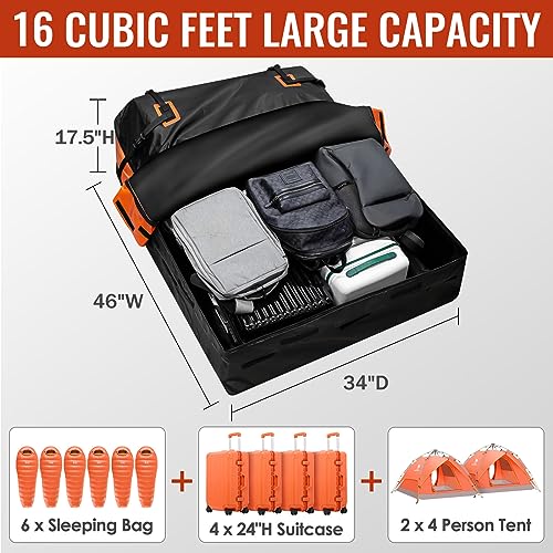 Car Rooftop Cargo Carrier Bag, 16 Cubic Feet Waterproof Car Topper Luggage Storage Bag with Large Capacity & Maximum Protection to Minivan SUV Vehicles w/wo Roof Rack, Non-Slip Mat, Door Hooks, Lock - size: Black-16 Cubic Feet