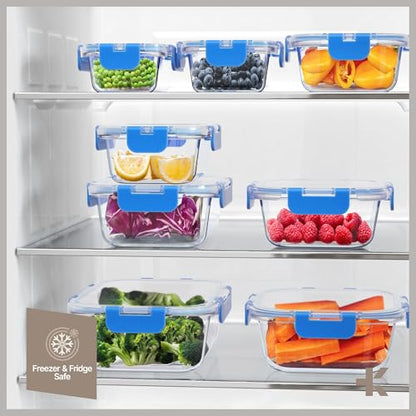 Bakken Borosilicate Glass Food Storage Containers with Lids 24 Pieces, BPA-Free Stackable Lunch & Leftover Containers, Microwave, Freezer & Dishwasher Safe, 100% Airtight Leak-Proof, Blue - color: Blue