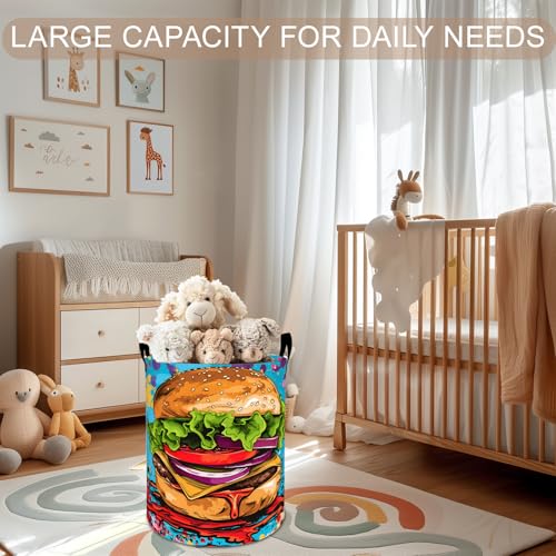 Cheeseburger Laundry Basket Hamper 19.7"x15.8", Food Art Foldable Waterproof Oxford Clothes Storage Bucket for Room Bathroom Bedroom Nursery Decor, Toy Organizer Bins Gifts for Kids Boys Girls - style: Cheeseburger