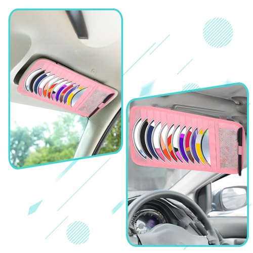 Car CD Case Holder, DVD Vehicle Visor Storage Orangizer Vehicle Sun Visor Organizer Large Capacity CD Case With 12 DVD Storage Sleeves, Mesh Pocket, Pen Holder And Elastic Strap, Pink Canvas Material