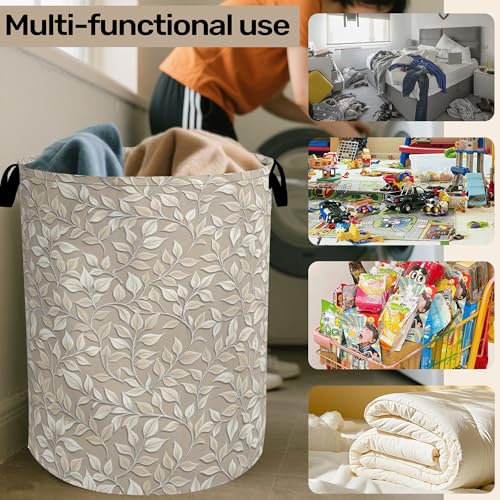 Beige Leaves Modern Laundry Basket - Heavy Duty 60L Dirty Clothes Organizer, Water Resistant Foldable Hamper for Men Women - color: Beige Leaves Modern