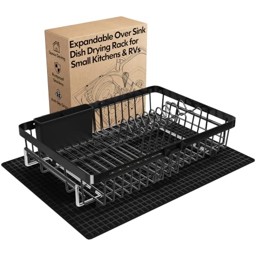 MAJALiS Dish Drying Rack Over The Sink with Utensil Holder, Mat | Expandable Stainless Steel Dish Drainer for Small Kitchen, Apartment, RV, Counter Space Saving, Perfect Fit, Rustproof - color: Black, size: For 13"-30" W Sink with Mat