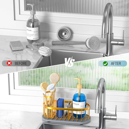 Sponge Holder for Kitchen Sink with High Brush Holder, [Stay-Dry Anywhere & No Drainage Needed] Rustproof Stainless Steel Kitchen Sink Caddy Organizer with Water Absorbing Stone Tray, Gold - color: Gold