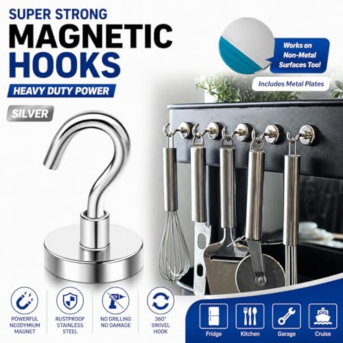 Magnetic Hooks for Cruise Cabins, Strong Neodymium Magnets | Strong Magnetic Hold | No Drill Installation | Cruise Cabin Essential | Includes Adhesive Metal Plates - size: 8 Pack with Metal Plates