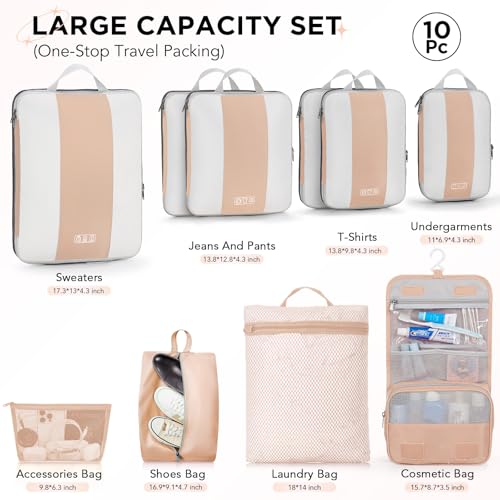 OlarHike 10 Set Compression Packing Cubes for Travel Essentials,Compressible Expandable Space Saver Bags for Organizing Clothes,Luggage Suitcase Garment Bags with Over 1000 pcs Mesh Holes(Gold) - color: Gold