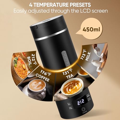 Travel Electric Kettle Portable Small Hot Water Boiling Tea Coffee Warmer Heater 450ML, 316 Stainless Steel, 4 Temperature Presets LCD Display Fast Boiler & Auto Shut-Off & Boil Dry Protection (Black) - color: Black