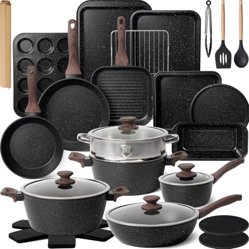Kikcoin Pots and Pans Set Non Stick 31 Piece Kitchen Nonstick Cooking Cookware Sets with Grill Pan Saucepan Baking Sheet Utensil, Black - color: Black