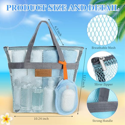 Patelai 12 Set Large Mesh Shower Caddy Bags, Sandproof Beach Tote Bulk with Soap Bag 12.2 x 10.2 Inch Hanging Toiletry Bath Organizer with Zipper & Handle for Gym Beach Dorms Travel Essentials