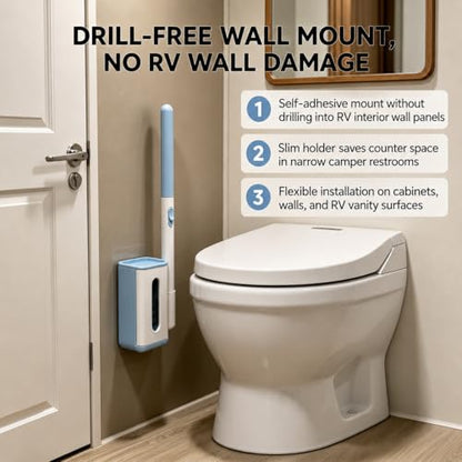 RV Toilet Brush and Holder, Wall Mount Toilet Cleaner with 56 Cleaner Refills, Hands-Free Toilet Bowl Wand Kit for RV Camper & Small Bathroom