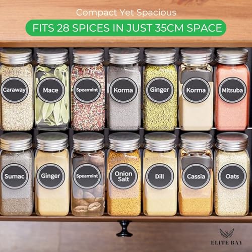 ELITE BAY-Spice Jar Rack Organizer with KEEP – 4-Tier Organizer with 28 Empty Bottles, 180 Waterproof Labels (55 Blanks) & Funnel| Space-Saving Spice Storage for Kitchen Counter or Cabinet.