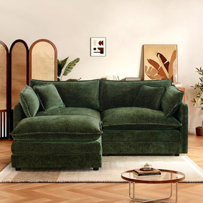 SoarFlash Chenille Sectional Sofa, Comfy L Shaped Modular Coush Sofa with Ottoman, Modern 2 Seat Couch Deep Seat Sofa Set for Living Room,Green - color: Green, size: 2 Seat+1 Ottoman