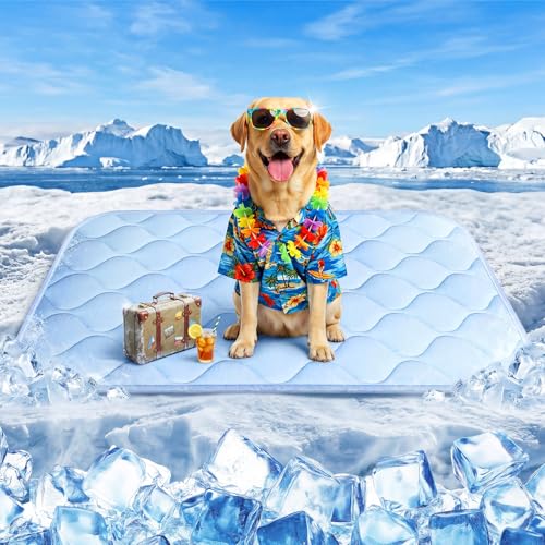 Dog Cooling Mat for Large Dogs, Long-Lasting Cool Pad for Dogs Outdoor & Indoor Use with Ice Silk Fabric & Waterproof Cover, Cooling Pet Bed 36" x 26", Non-Slip Washable Pet Blanket (Cryo Ice Blue) - color: Ice Blue Wave Stitching, size: Large