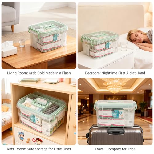 15QT Clear Medicine Storage Box with Comfort Handle and Compartments, Medicine Box Organizer Storage for Safe and Tidy Medication, First Aid, and Personal Care Item Organization